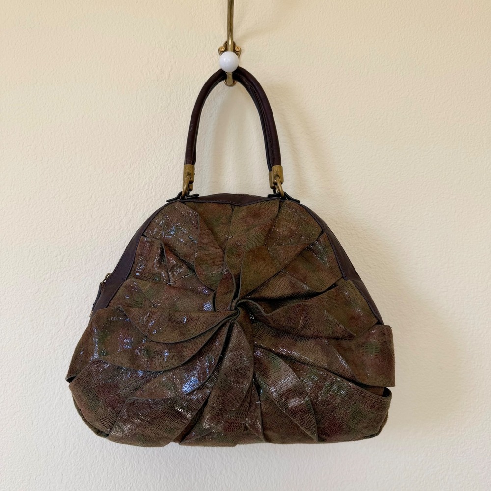 Brown Snake Embossed Ruffle Satchel Bag Boho Camo Earth Tone Handbag Forest Girl